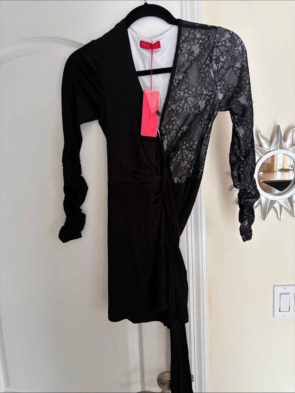 Black Lace-Accent Mini Wrap Dress